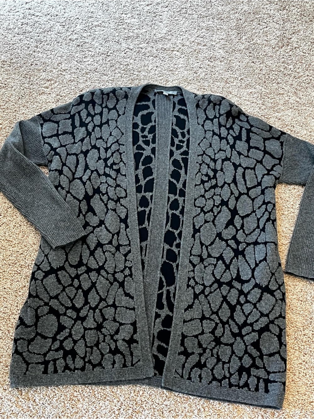 Neiman Marcus XS/S Cashmere Open-Front Black and Gray Patterned Cardigan Sweater
